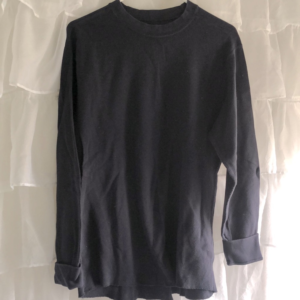 Navy blue crew neck tight waffle weave long sleeve shirt with cuff sleeves